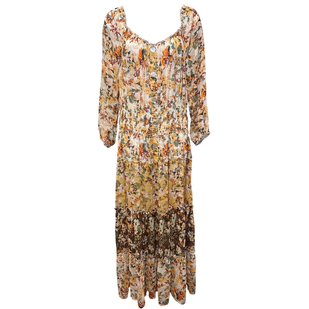 Hope Springs‎ Womens Multicolor Boho Tiered Floral Maxi Dress Sz L Flowy Peasant